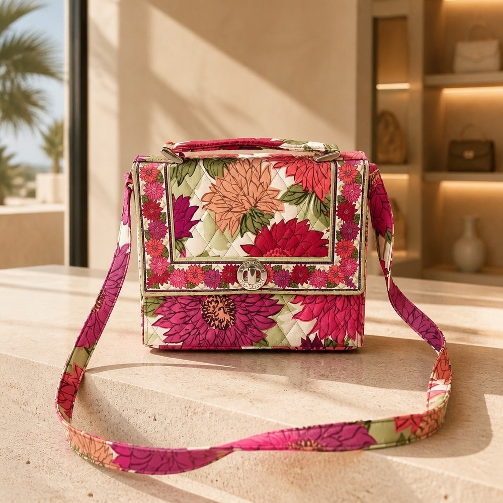 Vera Bradley Quilted Floral Shoulder Bag Pink Green Turn Lock Purse EUC